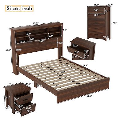 Merax 4PCS Bedroom Sets, Wooden Queen Size Bed Frame, 2 Nightstands and Dresser