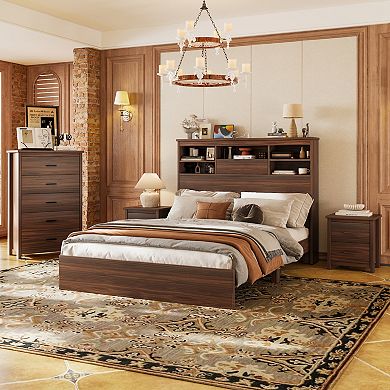 Merax 4PCS Bedroom Sets, Wooden Queen Size Bed Frame, 2 Nightstands and Dresser