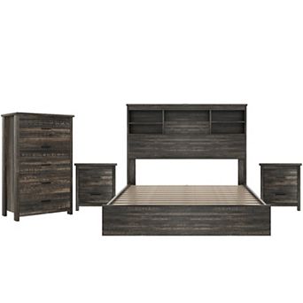Merax 4 pc Bedroom Sets, Wooden Queen Size Bed Frame, 2 Nightstands and Dresser