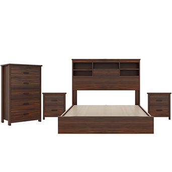 Merax 4 pc Bedroom Sets, Wooden Queen Size Bed Frame, 2 Nightstands and Dresser