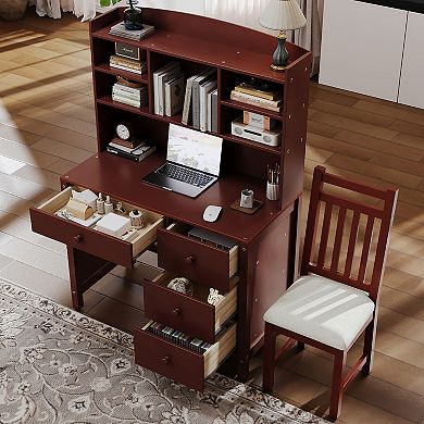 Merax Vintage 40'' Home Executive Desk and Upholstered Chair Set with Bookshelf