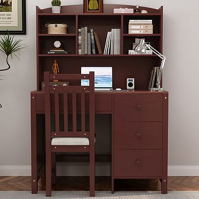 Merax Vintage 40'' Home Executive Desk and Upholstered Chair Set with Bookshelf
