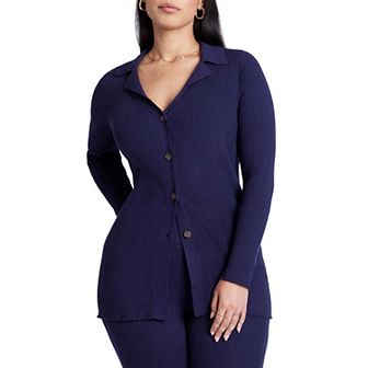 ELOQUII Women's Plus Size Button Front Long Ribbed Cardigan