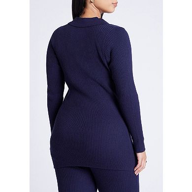 ELOQUII Women's Plus Size Button Front Long Ribbed Cardigan