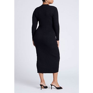 ELOQUII Women's Plus Size Mock Neck Rib Button Dress