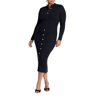 ELOQUII Women's Plus Size Mock Neck Rib Button Dress
