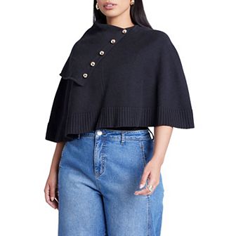 ELOQUII Women's Plus Size Button Detail Sweater Poncho