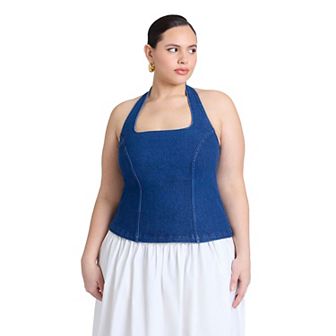 ELOQUII Women's Plus Size Comfort Stretch Denim Halter Top