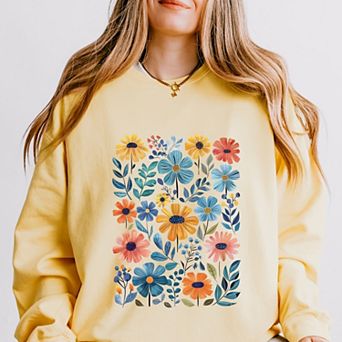 Simply Sage Market Watercolor Daisy Garden Lightweight Garment Dyed Sweatshirt