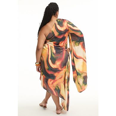 June + Vie Women's Plus Size Asymmetrical One-Sleeve Cape Dress