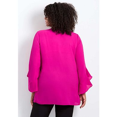 Avenue Women's Plus Size Ruffle Sleeve Tulip Hem Blouse