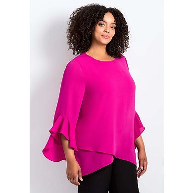 Avenue Women's Plus Size Ruffle Sleeve Tulip Hem Blouse