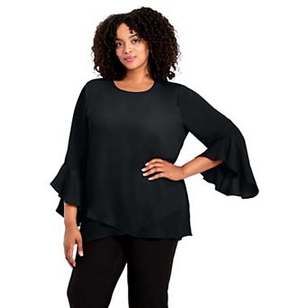 Avenue Women's Plus Size Ruffle Sleeve Tulip Hem Blouse