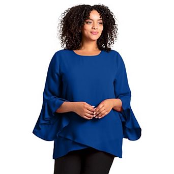 Avenue Women's Plus Size Ruffle Sleeve Tulip Hem Blouse