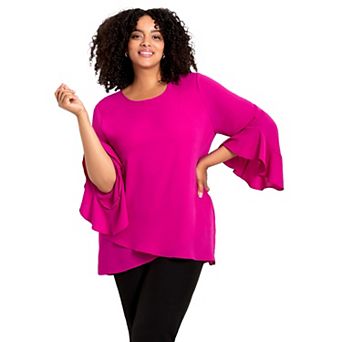 Avenue Women's Plus Size Ruffle Sleeve Tulip Hem Blouse