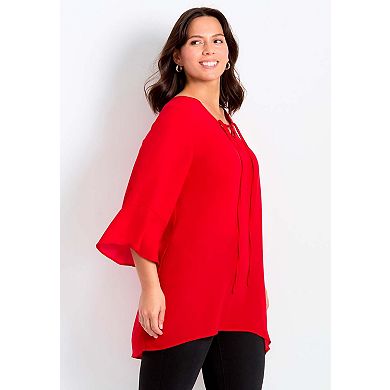 Avenue Women's Plus Size V-Neck Lace-Up Bell Sleeve Tunic