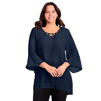 Avenue Women's Plus Size V-Neck Lace-Up Bell Sleeve Tunic