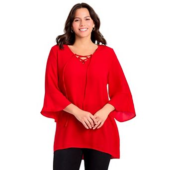 Avenue Women's Plus Size V-Neck Lace-Up Bell Sleeve Tunic