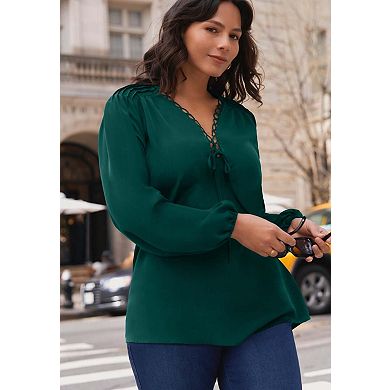 Avenue Women's Plus Size Scallop Trim Peasant Blouse