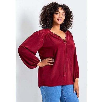 Avenue Women's Plus Size Scallop Trim Peasant Blouse
