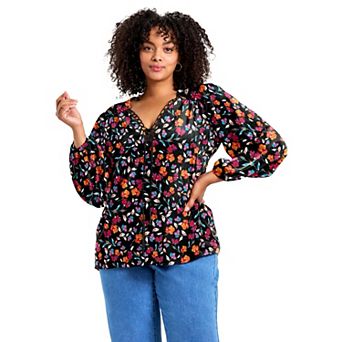 Avenue Women's Plus Size Scallop Trim Peasant Blouse