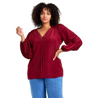 Avenue Women's Plus Size Scallop Trim Peasant Blouse