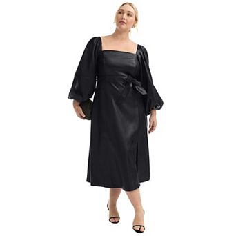 June + Vie Women's Plus Size Sleeve Faux Leather Midi Dress