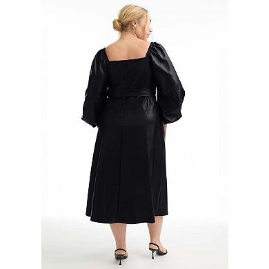 June & Vie Women's Plus Size Sleeve Faux Leather Midi Dress