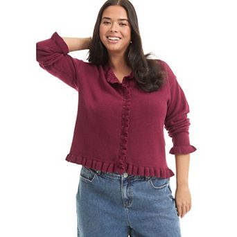 June + Vie Women's Plus Size Ruffle Hem Buttoned Sweater