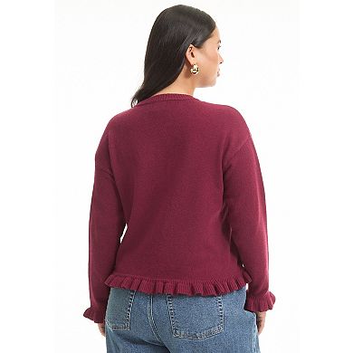 June + Vie Women's Plus Size Ruffle Hem Buttoned Sweater
