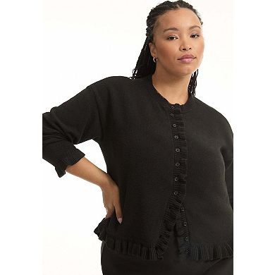 June & Vie Women's Plus Size Ruffle Hem Buttoned Sweater
