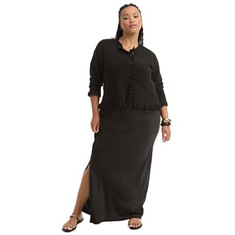 June + Vie Women's Plus Size Ruffle Hem Buttoned Sweater