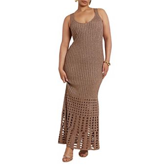 ELOQUII Women's Plus Size Metallic Open Stitch Sweater Dress