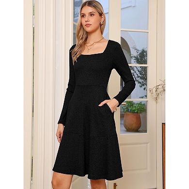 Square Neck Fall Dresses for Women Casual Long Sleeve A Line Knit Pullover Dress with Pockets