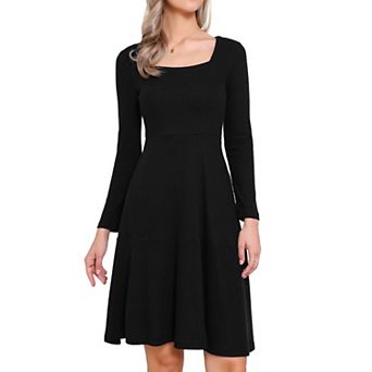 Square Neck Fall Dresses for Women Casual Long Sleeve A Line Knit Pullover Dress with Pockets