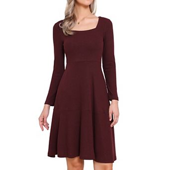 Square Neck Fall Dresses for Women Casual Long Sleeve A Line Knit Pullover Dress with Pockets