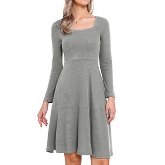 Square Neck Fall Dresses for Women Casual Long Sleeve A Line Knit Pullover Dress with Pockets