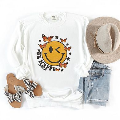Simply Sage Market S.W.Smiley Be Happy Butterflies Garment Dyed Sweatshirt