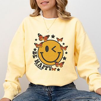 Simply Sage Market S.W.Smiley Be Happy Butterflies Garment Dyed Sweatshirt