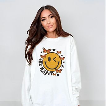 Simply Sage Market S.W.Smiley Be Happy Butterflies Garment Dyed Sweatshirt