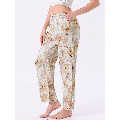 Women's Lounge Pants Floral Dot Pattern Wide Leg Pants Elastic Waist with Pocket Nightwear Pajama