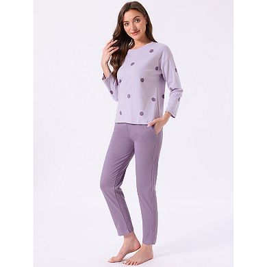 Women's Lounge Set Cotton Long Sleeve Round Neck Cute Pattern Pants Set Sleepwear
