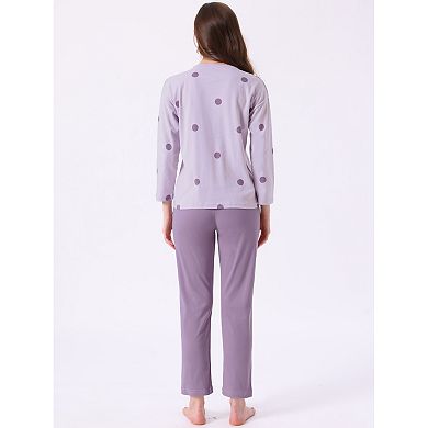 Women's Lounge Set Cotton Long Sleeve Round Neck Cute Pattern Pants Set Sleepwear