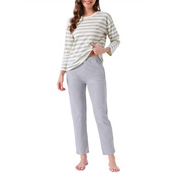Women's Lounge Set Cotton Long Sleeve Round Neck Cute Pattern Pants Set Sleepwear