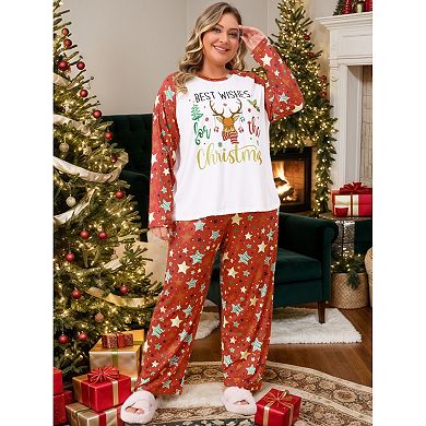 Women's Plus Size Pajamas Set 2 Piece PJ Soft Sleepwear Long Sleeve Top and Pants Lounge Christmas