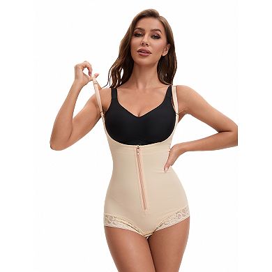 Women's Front Zipper Tummy Control Full Bodyshaper Adjustable Straps Lace Trimmed Leotard Jumpsuit