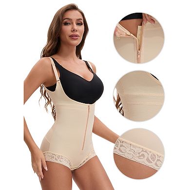 Women's Front Zipper Tummy Control Full Bodyshaper Adjustable Straps Lace Trimmed Leotard Jumpsuit