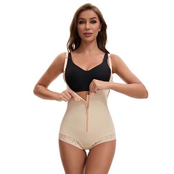 Women's Front Zipper Tummy Control Full Bodyshaper Adjustable Straps Lace Trimmed Leotard Jumpsuit
