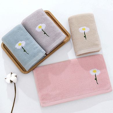 2Pcs Floral Pattern Cotton Hand Towel Flower Embroidered Soft Absorbent Decorative Towel Set 13"x30"