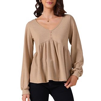 Women's Knit Peplum Top V Neck Long Sleeve Ruffle Hem Pullover Sweater